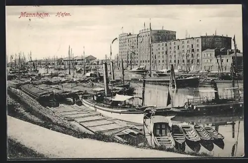 AK Mannheim, Hafen, Lagerhaus, Schiffe, Boote