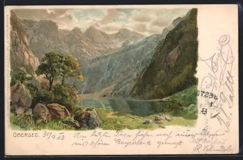 Lithographie Königssee, Obersee und Berglandschaft
