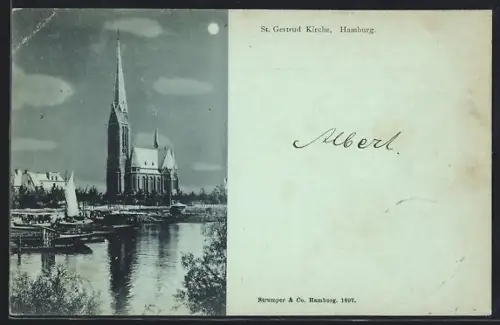 Mondschein-AK Hamburg-Uhlenhorst, St. Gertrud Kirche