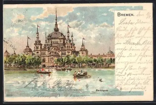Lithographie Bremen, Parkhaus, Seepartie mit Ruderbooten