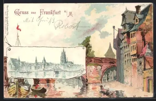 Lithographie Alt-Frankfurt, Mainufer, Brücke, Dom
