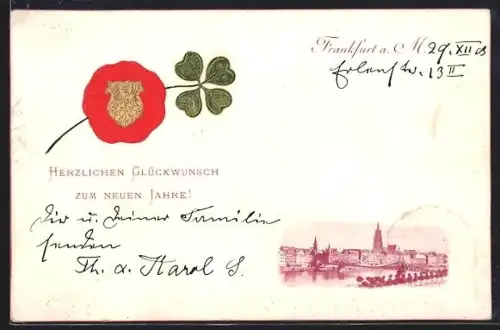 AK Frankfurt a. M., Ortsansicht, Glückwunschkarte zum neuen Jahr, Wappen, Kleeblatt