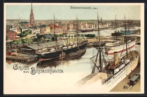 Lithographie Bremerhaven, Schiffe im Hafen, Ortsansicht aus der Vogelschau, Blick zur Grossen Kirche