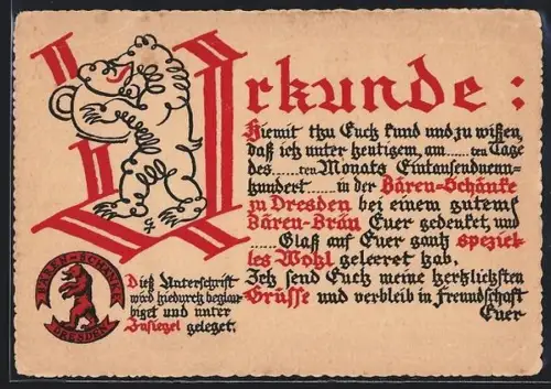 Lithographie Dresden-A., Urkunde der Bären-Schänke, Webergasse