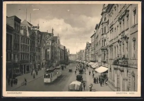 AK Magdeburg, Breiter Weg mit Strassenbahn