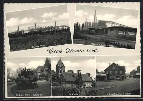 AK Gross Ilsede i. H., Hütten-Gaststätte, Ilseder Hütte, Haupteingang zur Hütte, Ev. Kirche