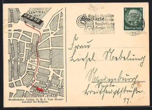 AK Leipzig, Christliches Hospiz in der Rossstrasse 14, Karte mit Strassenbahnlinien Hauptbahnhof bis Rossplatz