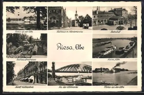 AK Riesa /Elbe, Rathaus mit Klosterkirche, Bahnhof, Elbbrücke, platz