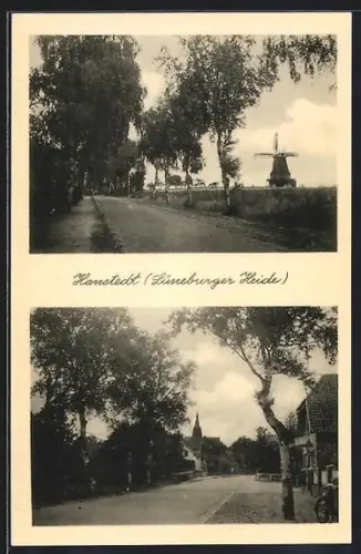 AK Hanstedt /Lüneburger Heide, Windmühle, Strassenpartie im Ort