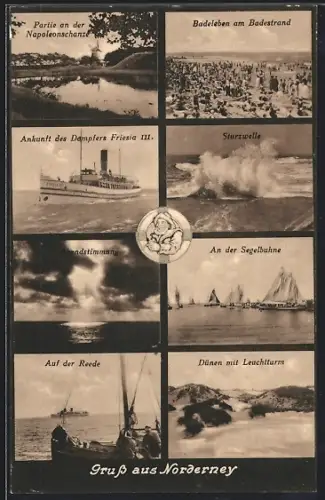 AK Norderney, Napoleonsschanze, Badeleben am Badestrand, Dünen mit Leuchtturm