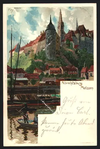 Lithographie Meissen, Blick zur Albrechtsburg