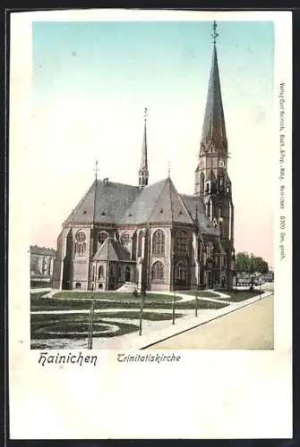 Goldfenster-AK Hainichen, Blick zur Trinitatiskirche mit leuchtenden Fenstern
