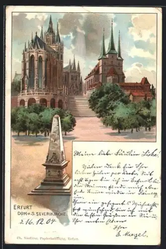 Lithographie Erfurt, Dom und S. Severikirche
