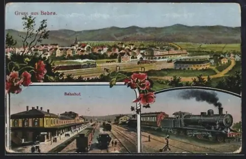 AK Bebra, Bahnhof, Ortsansicht, Lokomotive