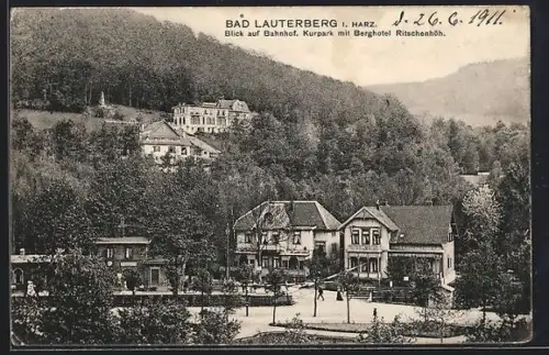 AK Bad Lauterberg i. Harz, Blick auf Bahnhof, Kurpark, Berghotel Ritschenhöh