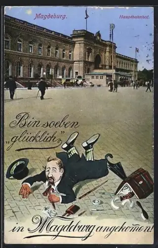 AK Magdeburg, Hauptbahnhof, Karikatur eines gestürzten Reisenden
