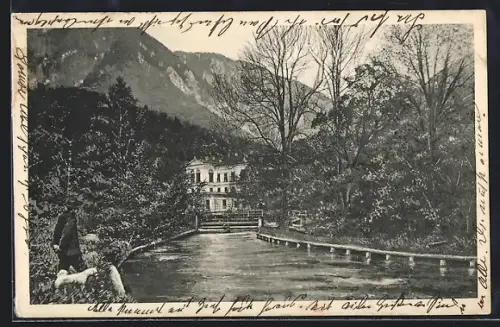 AK Reichenau, Kurhaus mit Gewässerpartie, Spaziergänger mit Hund