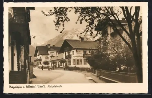 AK Mayrhofen i. Zillertal, Hauptstrasse mit Kaffee Dengg