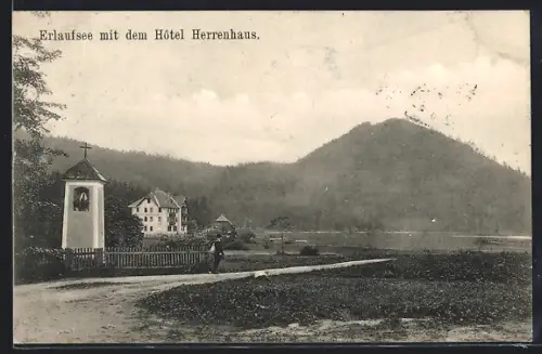 AK Erlaufsee, Ortspartie mit Hotel Herrenhaus und Kapellchen