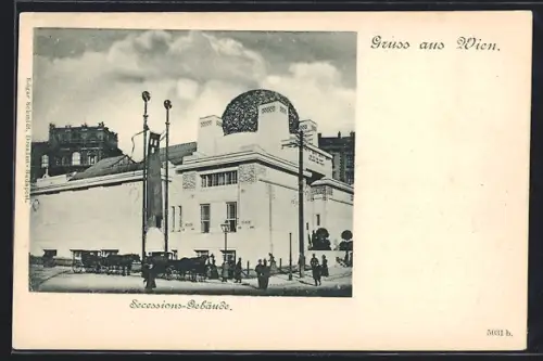 AK Wien, Secessions-Gebäude mit Pferdekutschen