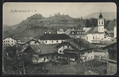 AK Schwarzach i. P., Totalansicht mit Kirche aus der Vogelschau