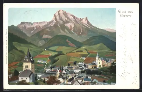 AK Eisenerz, Totalansicht mit Bergspitze aus der Vogelschau