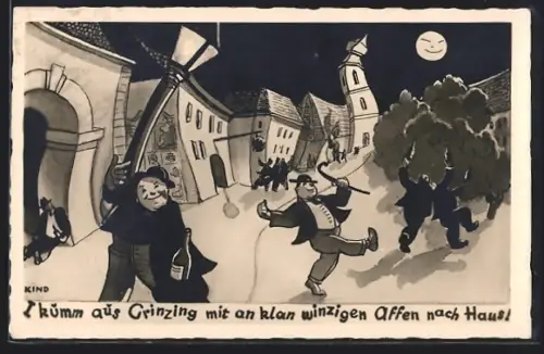 Wirtshaus-AK Wien-Grinzing, Strasse aus der Sicht eines Betrunkenen, Trunkenbolde auf dem Heimweg