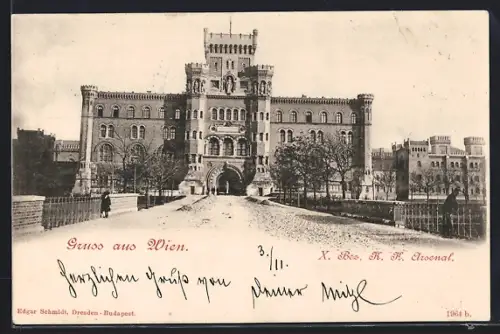 AK Wien, K. K. Arsenal, Frontansicht von der Brücke aus