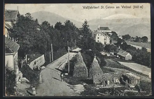 AK St. Corona a.Wechsel, Strassenpartie mit Heuschober, Holzstapel, Kind, Häuser
