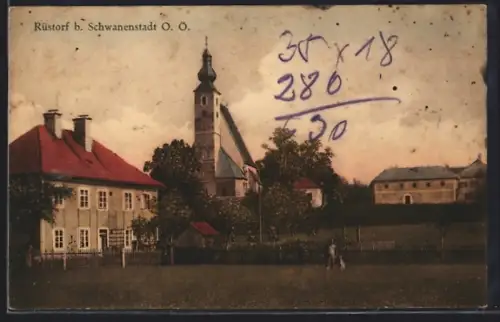 AK Rüstorf b. Schwanenstadt, Ortspartie mit Kirche