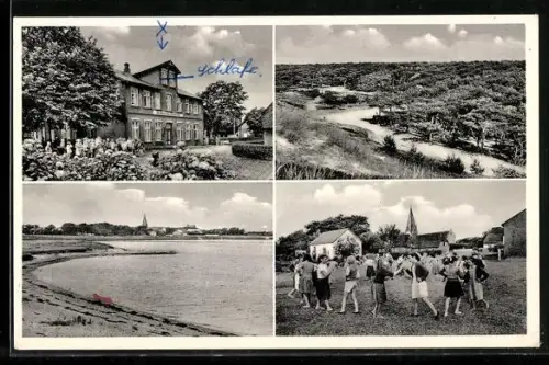 AK Nebel auf Amrum, Kinderheim Friedrichs, Strand, Dorfansicht, Kindergruppe