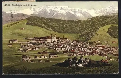 AK Einsiedeln, Teilansicht mit Kloster und den Alpen