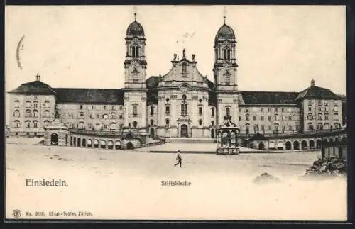 AK Einsiedeln, Stiftskirche mit Strassenpartie