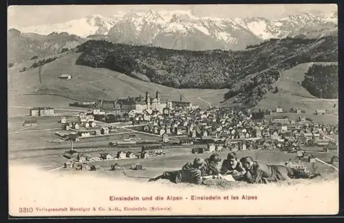AK Einsiedeln, Teilansicht mit Kloster und den Alpen