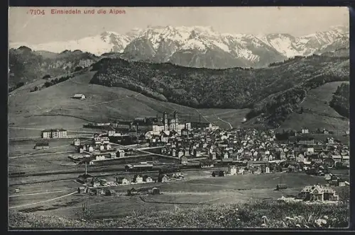AK Einsiedeln, Teilansicht mit Kloster und den Alpen