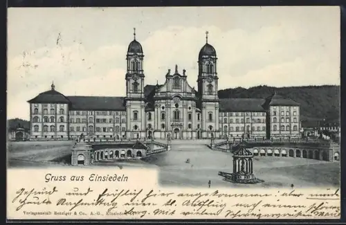 Künstler-AK Einsiedeln, Kloster mit Strassenpartie