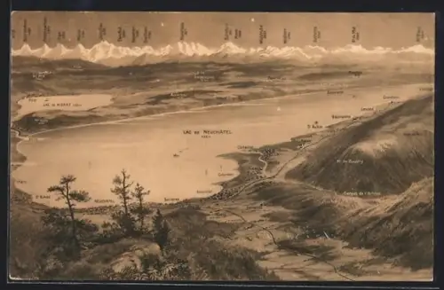 Künstler-AK Neuchâtel, Panorama mit Colombier und Peseux, Eiger, Mönch und Jungfrau