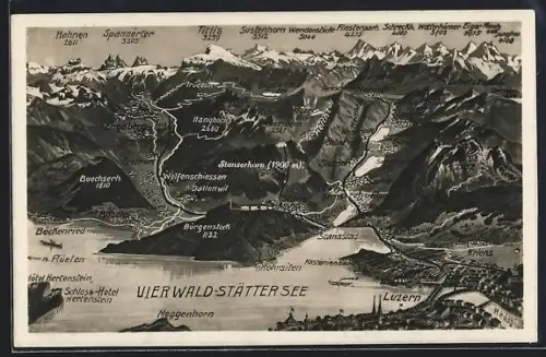 Künstler-AK Luzern, Panorama mit Schloss-Hotel Hertenstein, Kriens und Stansstad, Titlis, Eiger und Mönch