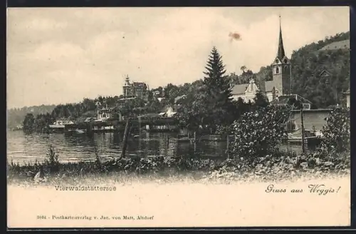 AK Weggis /Vierwaldstättersee, Uferpartie mit Kirche