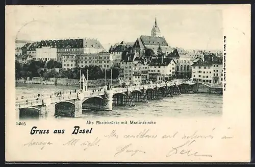 AK Basel, Alte Rheinbrücke mit Martinskirche