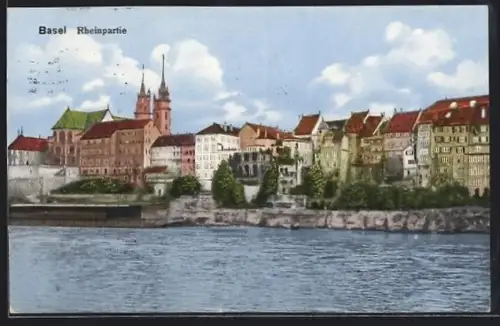 AK Basel, Rheinpartie mit Kirche
