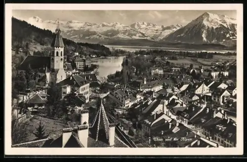 AK Thun, Totalansicht mit Alpen aus der Vogelschau