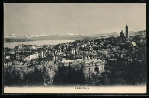 AK Zürich-Enge, Stadtansicht mit den schneebedeckten Bergen