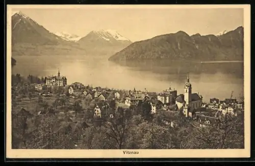 AK Vitznau, Totalansicht mit Gebirgspanorama
