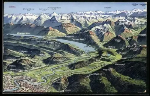AK Landkarte Bern mit Umgebung, Alpenpanorama mit Thuner und Brienzer See