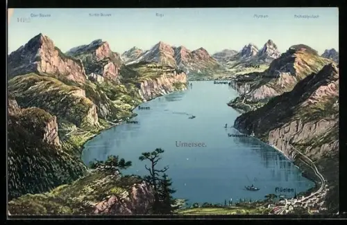 AK Flüelen, Vogelschau auf Urnersee mit Tellskapelle, Bauen und Seelisberg