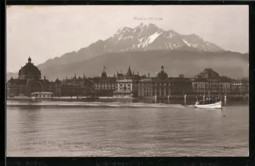AK Luzern, Bahnhof und Post mit Pilatus