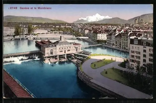 AK Genève, Vue partielle et le Montblanc