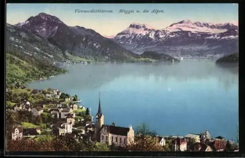 AK Weggis, Vogelschau auf Vierwaldstättersee und Alpen
