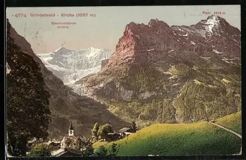 AK Grindelwald, Teilansicht mit Kirche und Eiger